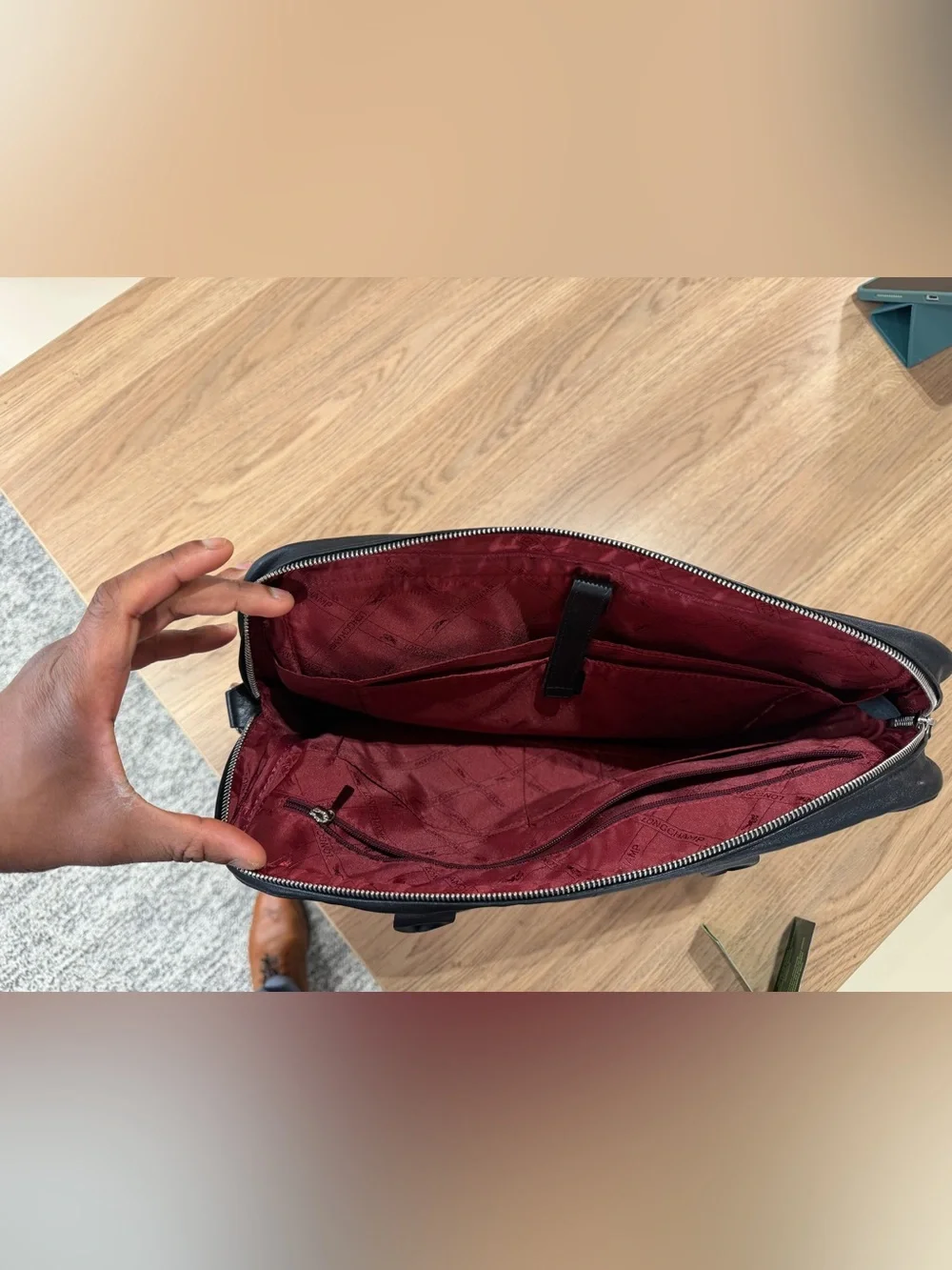 Longchamp Black Leather Laptop Bag with Orange, Red and Gray Stripes